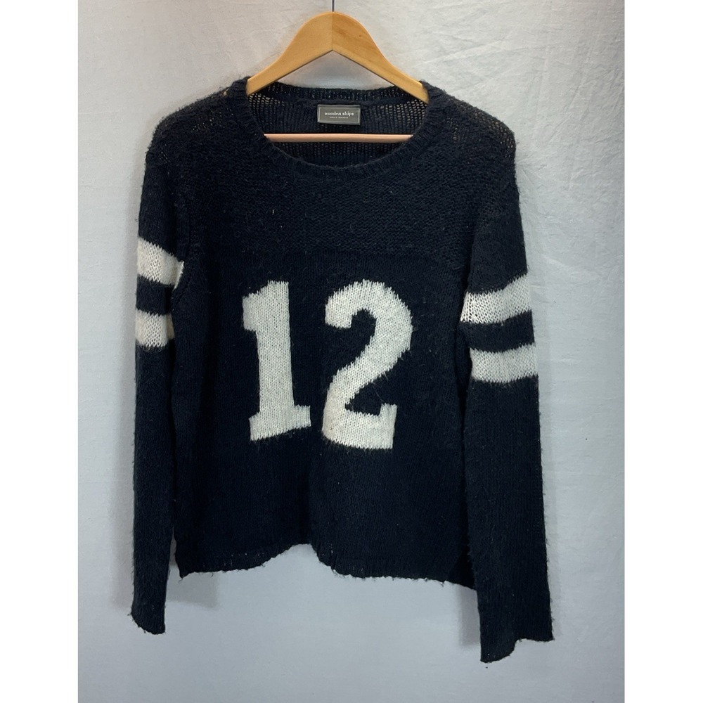 Wooden Ships Navy Blue Mohair Wool Varsity Football Cowboy Sweater S/M Airy Knit
